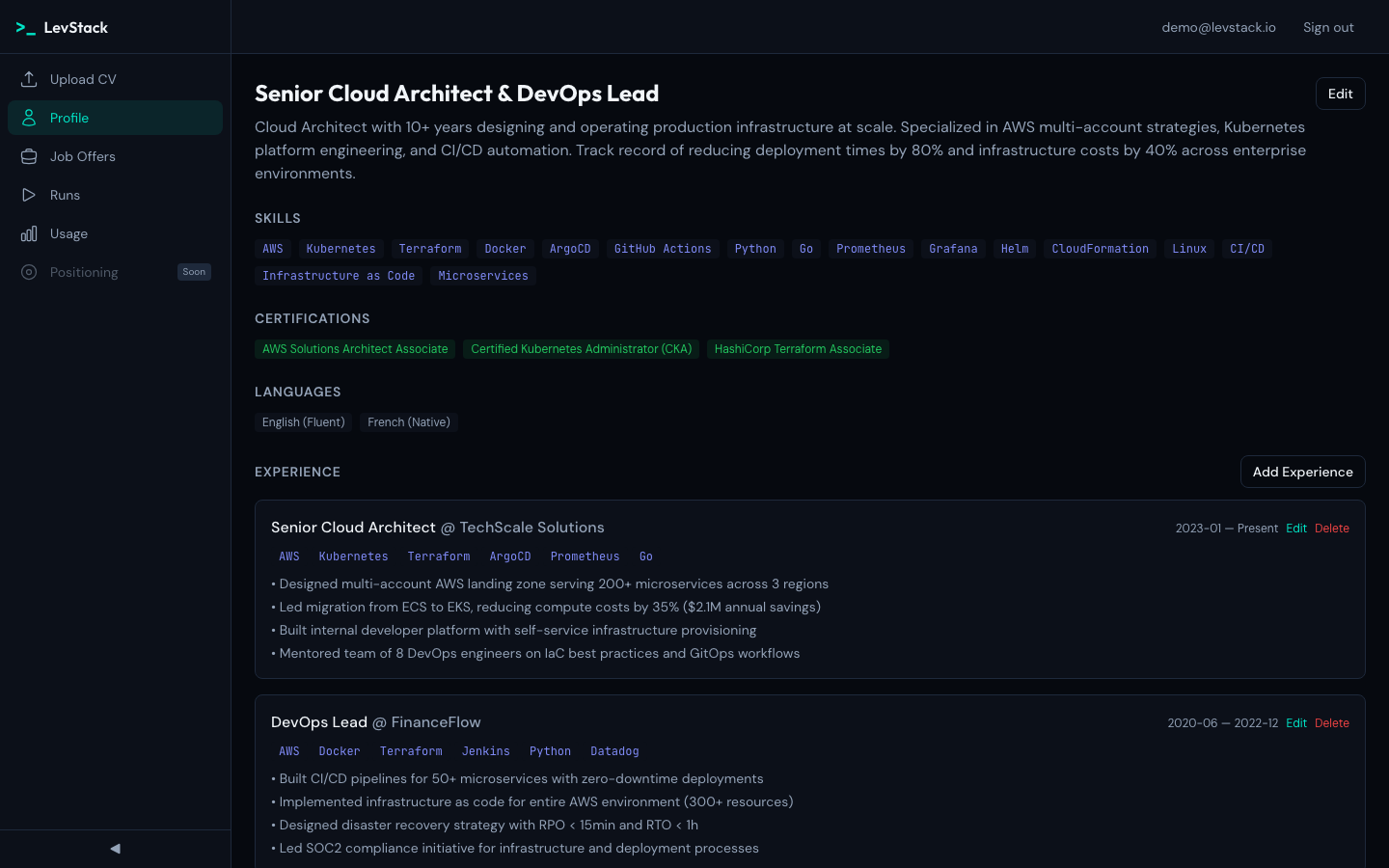 LevStack Master Profile — Skills, certifications, and experiences extracted from CV